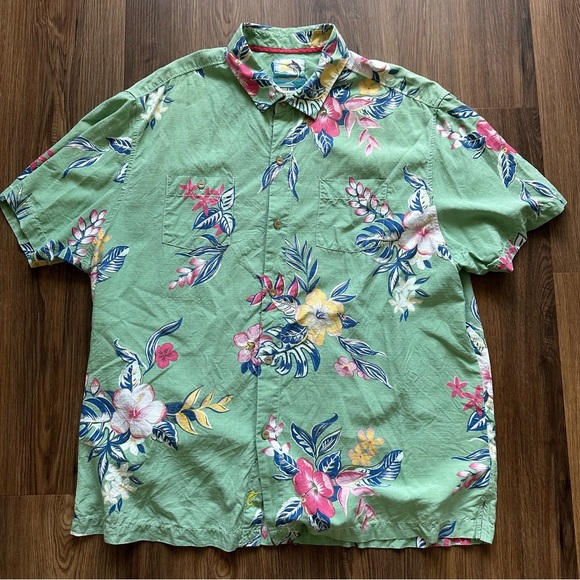 Tommy Bahama Mens Camp Shirt XLX Green Hawaiian Silk Cotton Island Modern Fit - Picture 2 of 7